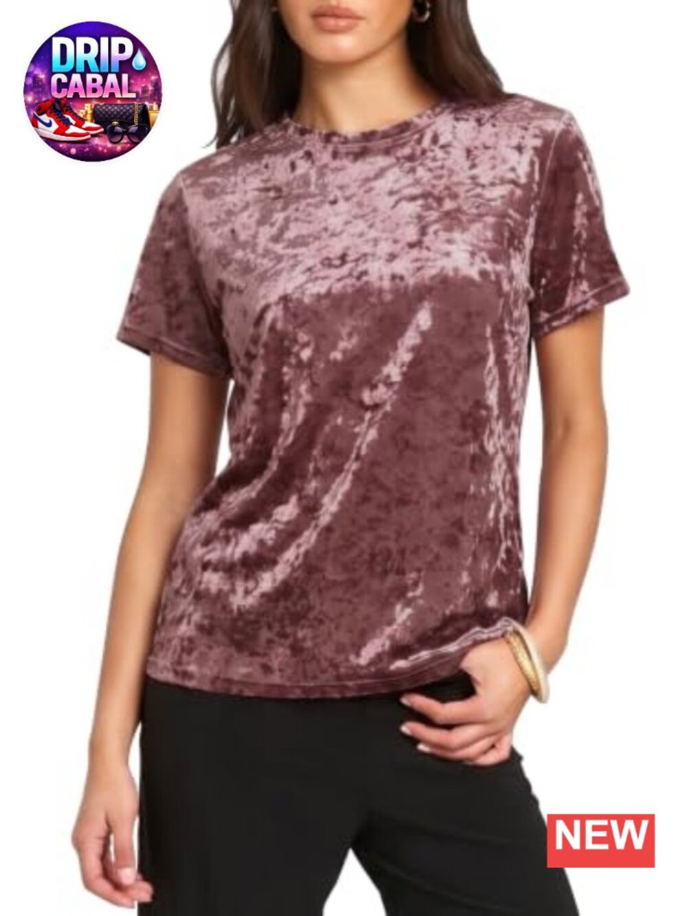 Crushed Velvet Short Sleeve Crew Neck T-Shirt Retro Vintage Style Top
